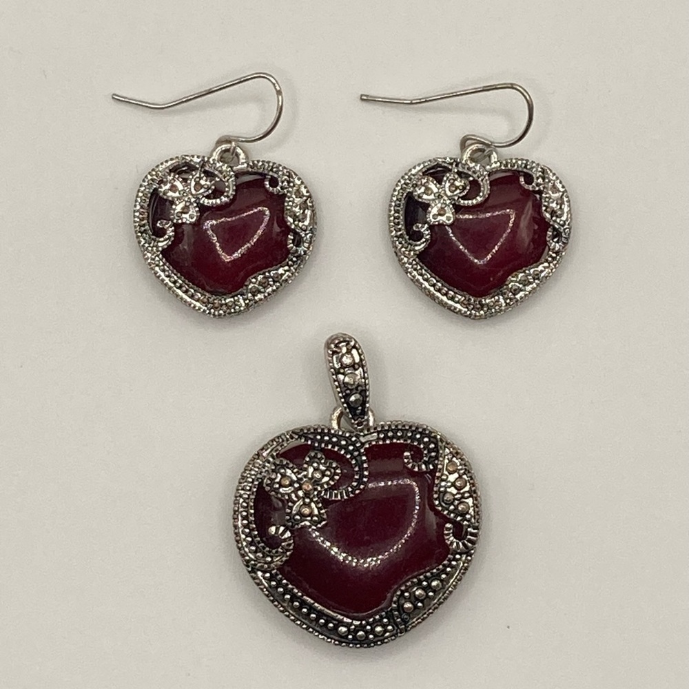 Estate Red and Silver Heart Earrings